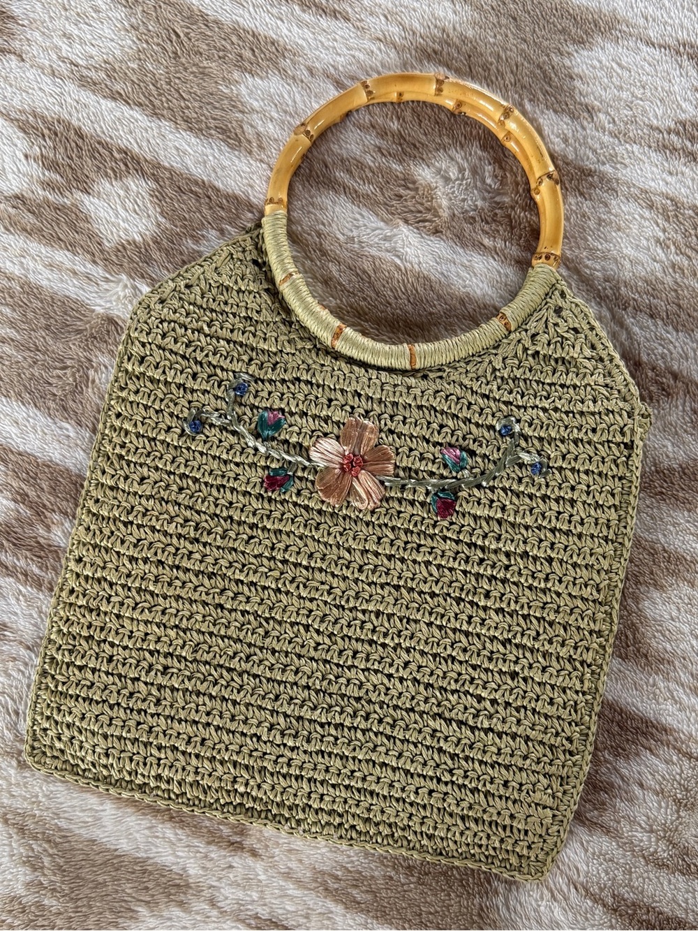 Olive Green Crochet Tote with Bamboo Ring Handles